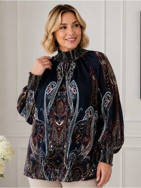 CHICO’S paisley Smocked Neck Blouse - Navy/Multi Elegant Boho